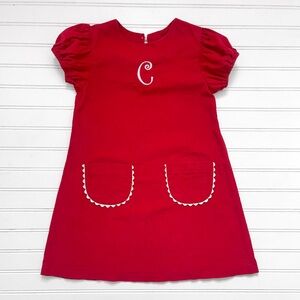 EUC Embroidered “C” Monogram Red Fine Wale Corduroy Dress